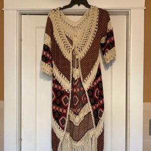 Umgee Cream and Brown Crochet Fringe Cardigan with Multicolor Aztec Pattern